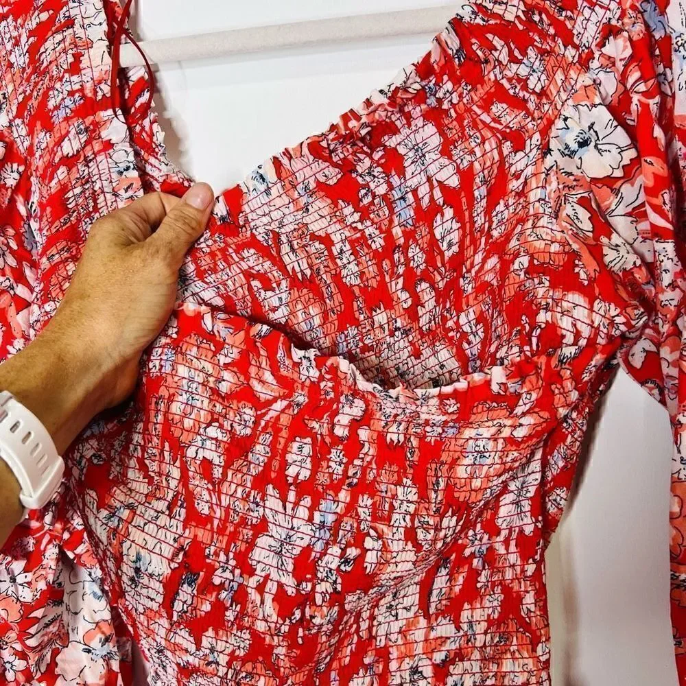 Free People Pink Red White Floral Crop Puff Blouson Sleeve Blouse